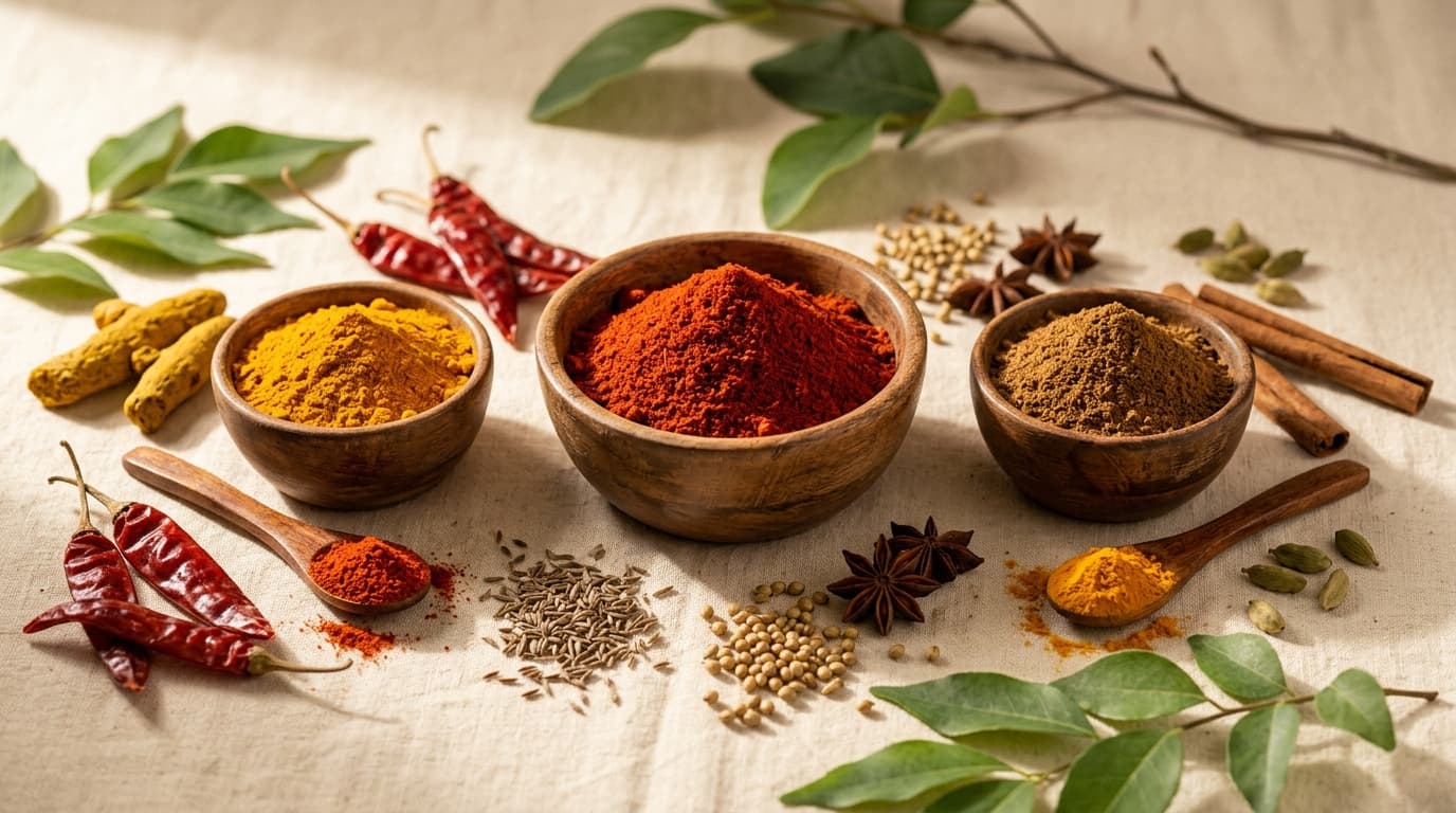 Three wooden bowls of vibrant Indian spices — the True Taste collection